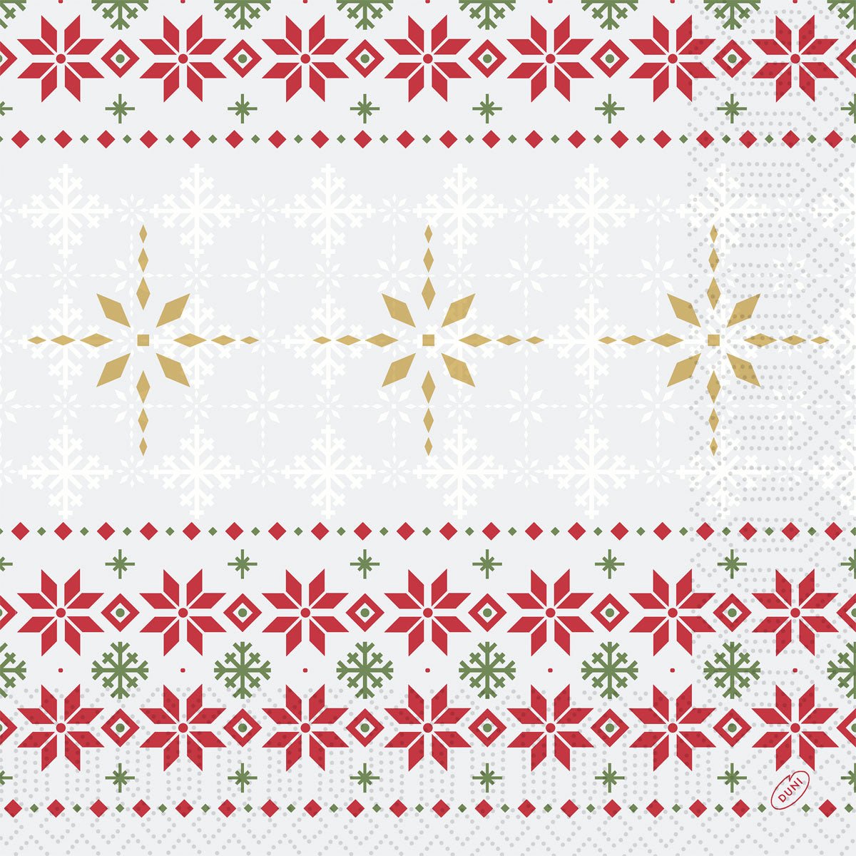 Die Servietten 40x40 3lagig 1/4 Tradition von Duni GmbH zeigen festliche rote, grüne und goldene Schneeflocken- und Sternmuster in Reihen auf Weiß - ideal für die Weihnachtsdekoration. Jede Packung enthält 250 Servietten.