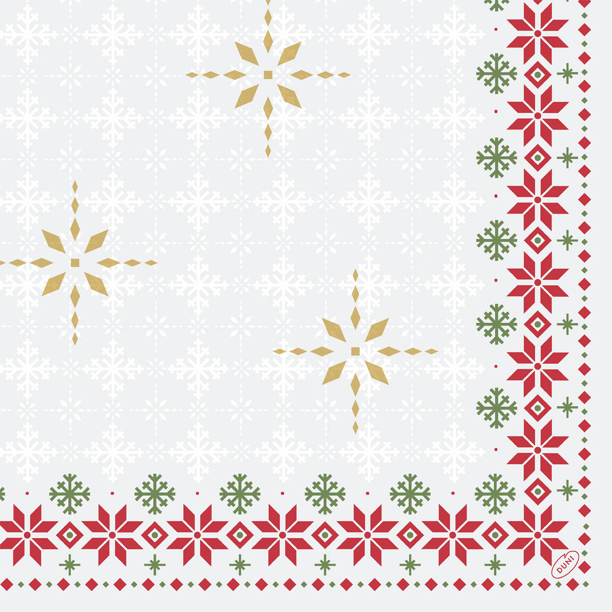 Goldene und weiße Schneeflocken und geometrische Formen zieren einen hellen Hintergrund, umrahmt von roten und grünen Weihnachtssternen. Hergestellt aus umweltfreundlichen Dunisoft-Servietten 40x40cm von Duni GmbH. Ein kleines kreisförmiges Logo erscheint in der Ecke.