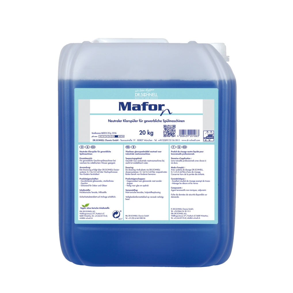 Ein 20 kg Kunststoffbehälter Dr. Schnell MAFOR N 1 Klarspüler für Geschirrspülmaschinen von DR.SCHNELL GmbH & Co. KGaA, blaue Flüssigkeit, deutsches Etikett, für gewerbliche Geschirrspülmaschinen, sorgt für streifenfreien Glanz auf dem Geschirr.