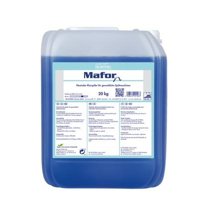 Ein 20 kg Kunststoffbehälter Dr. Schnell MAFOR N 1 Klarspüler für Geschirrspülmaschinen von DR.SCHNELL GmbH & Co. KGaA, blaue Flüssigkeit, deutsches Etikett, für gewerbliche Geschirrspülmaschinen, sorgt für streifenfreien Glanz auf dem Geschirr.