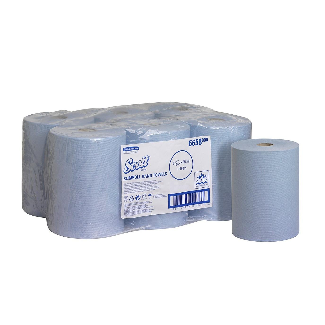 A six-pack of Scott® Slimroll™ towels from Kimberly-Clark GmbH, each 165 m long, is wrapped in plastic next to a single unpacked blue roll, offering a space-saving, efficient, and absorbent towel solution.