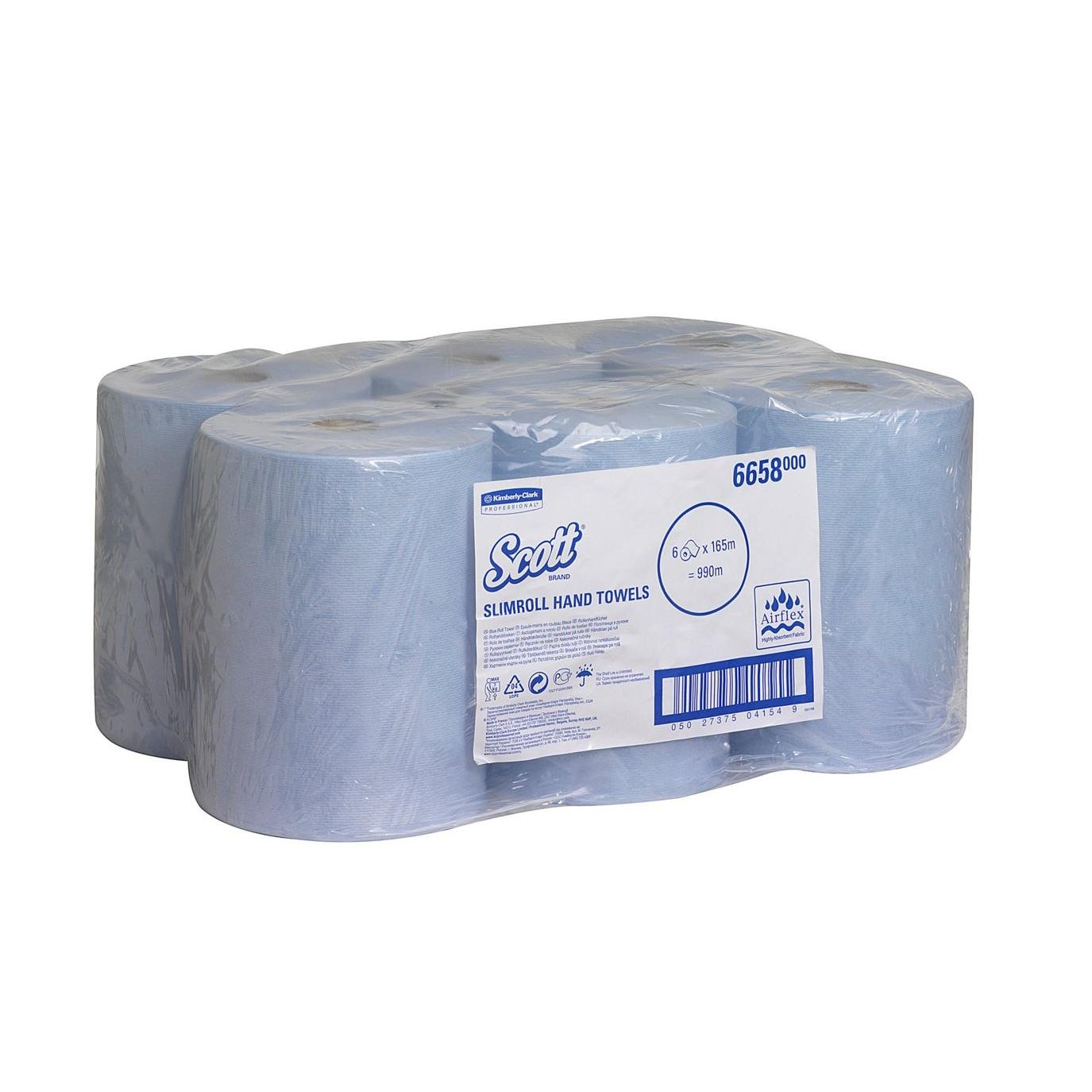 A pack of six Scott® Slimroll™ towels from Kimberly-Clark GmbH, space-saving blue rolls in a clear plastic wrap with a visible product label and barcode on the front.