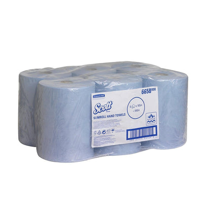 A pack of six Scott® Slimroll™ towels from Kimberly-Clark GmbH, space-saving blue rolls in a clear plastic wrap with a visible product label and barcode on the front.