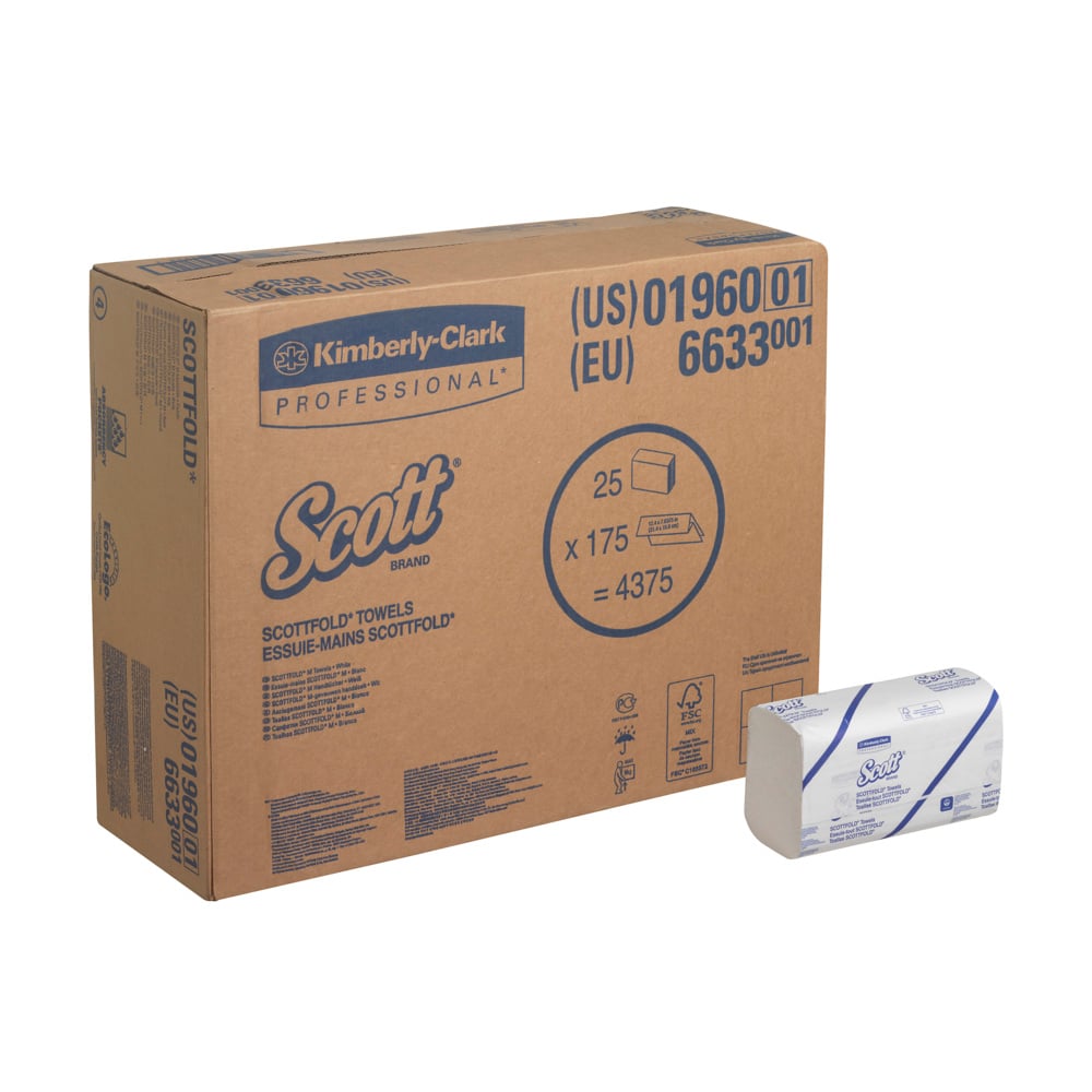 A large white box labeled "Scott® SCOTTFOLD* Hand Towels" from Kimberly-Clark GmbH contains 25 clips x 175 sheets (25 packs) of folded hand towels for hygienic hand drying, with product details clearly visible.