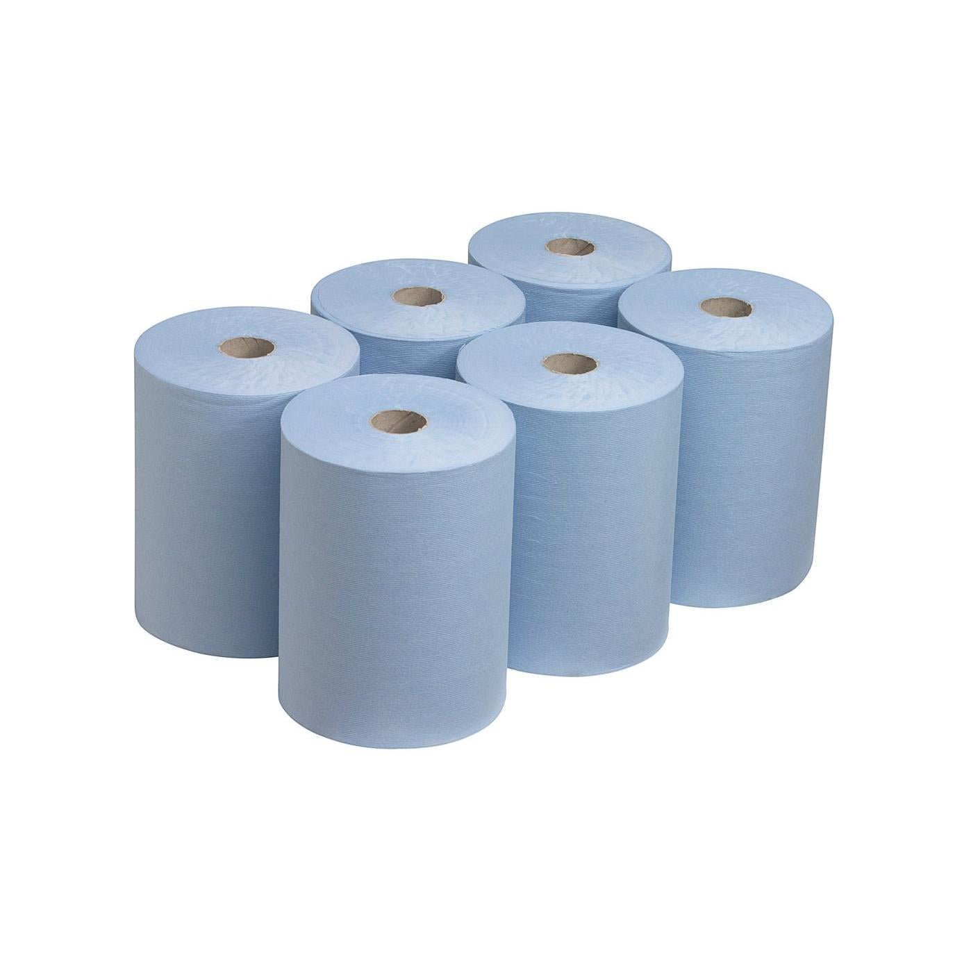 Six Scott® Slimroll™ towels from Kimberly-Clark GmbH are arranged in two rows on a white background. Each roll has a visible cardboard core and offers a space-saving solution for industrial use.