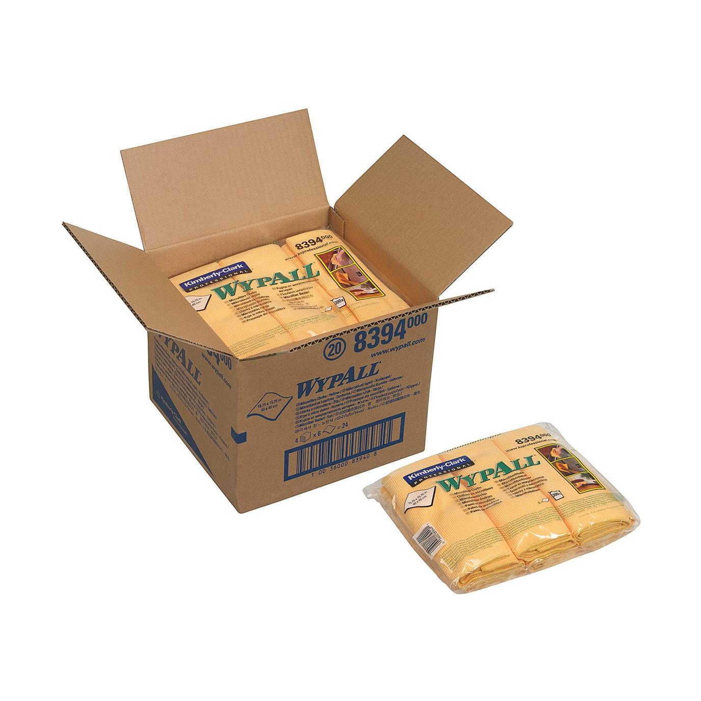 Ein offener Karton mit der Aufschrift "WypAll" enthält mehrere Packungen WypAll® Mikrofasertücher - flaches Tuch (40 x 40 cm) von Kimberly-Clark GmbH. Eine Packung liegt außen und zeigt deutlich ihre Verpackung und ihr Branding.