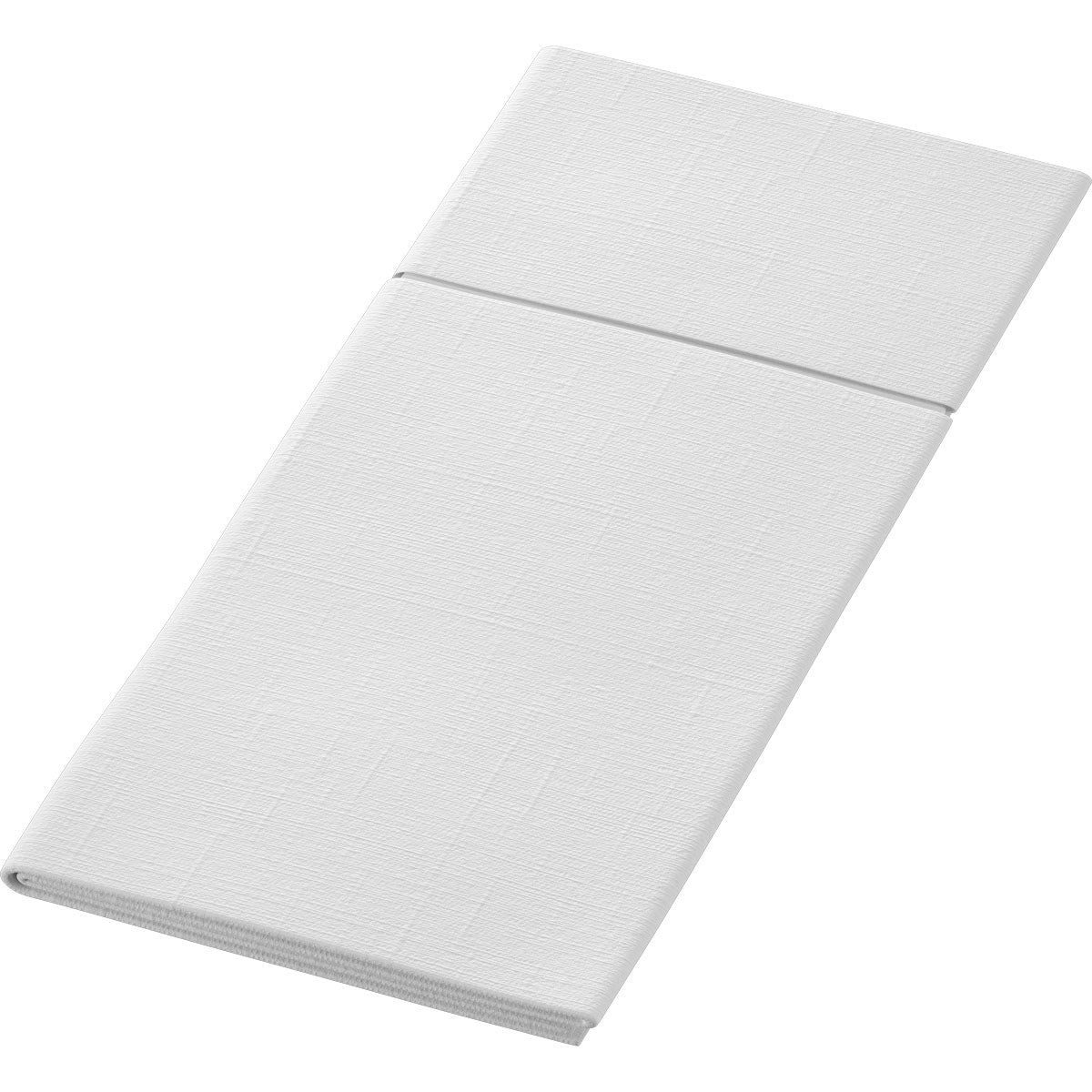Die Bio Duniletto Slim 400 x 330 mm von Duni GmbH ist eine gefaltete weiße Stoffserviette mit dezentem Strukturmuster, hergestellt aus nachhaltigen Materialien, schräg gelegt für eine umweltfreundliche Tischdekoration.