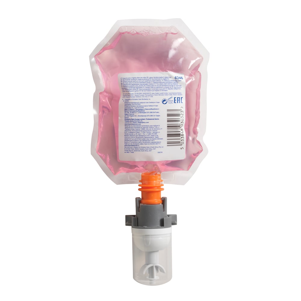 A pink 200ml refill bag with a lower plastic spout and white-blue label, for use with Scott® ESSENTIAL™ foam soap dispensers. Sold as 12 cartridges per carton from Kimberly-Clark GmbH.