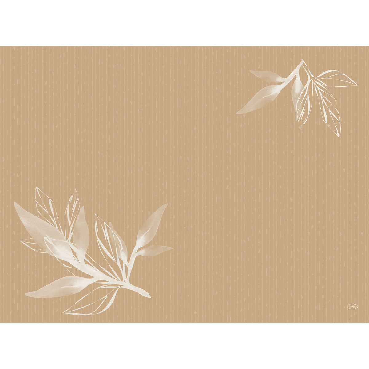 Auf einem braunen Hintergrund mit dünnen vertikalen beigen Linien befinden sich zwei weiß-transluzente botanische Illustrationen - ein großer Haufen unten links, ein kleiner oben rechts - perfekt für umweltfreundliche Bio-Dunicel-Tischsets 30 x 40 cm von Duni GmbH.