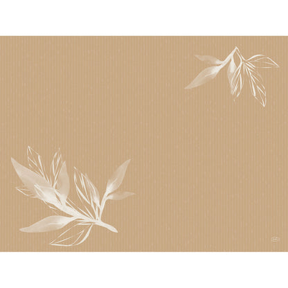 Auf einem braunen Hintergrund mit dünnen vertikalen beigen Linien befinden sich zwei weiß-transluzente botanische Illustrationen - ein großer Haufen unten links, ein kleiner oben rechts - perfekt für umweltfreundliche Bio-Dunicel-Tischsets 30 x 40 cm von Duni GmbH.