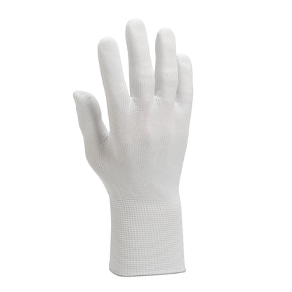 Ein KleenGuard® G35 Nylon-Handschuh (24 cm, beidhändig tragbar) von Kimberly-Clark GmbH ist aufrecht mit ausgestreckten Fingern und zur Seite zeigender Handfläche vor weißem Hintergrund zu sehen.