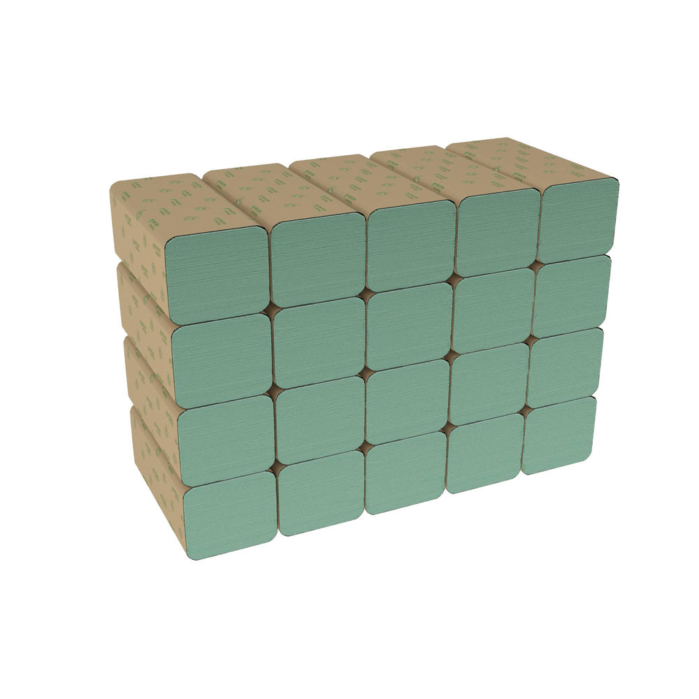 Ein Stapel von sechzehn rechteckigen Blöcken, die 4x4 angeordnet sind, ähnelt den Hostess™ NATURA™ Handtüchern - Zick-Zack-Faltung, Klein (23,00 x 25,00 cm) der Kimberly-Clark GmbH, mit grünen Gesichtern und braun gemusterten Seiten auf einem einfarbig weißen Hintergrund.