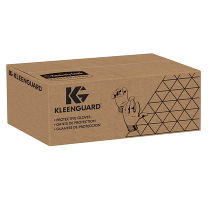 Eine braune Schachtel mit der Aufschrift "KleenGuard® G60 Endurapro™" von Kimberly-Clark GmbH zeigt eine Hand in grau & schwarz schnittfeste Handschuhe Level 5, mit "Protective Gloves" in drei Sprachen und einem geometrischen Seitenmuster.