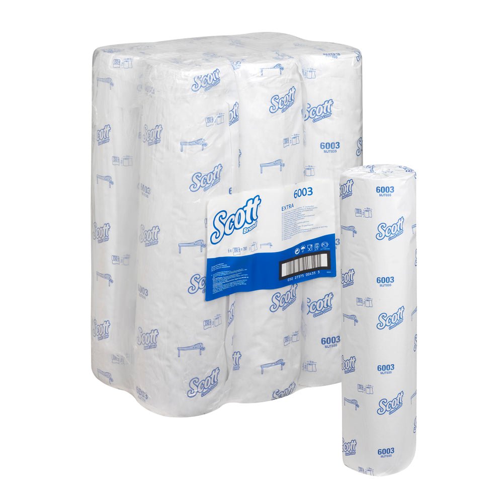 A pack of Scott® EXTRA medical rolls - White from Kimberly-Clark GmbH with six rolls in white wrapping, blue Scott logo, and product information - ideal for medical areas with reliable absorbency. Individually displayed roll next to the main package.