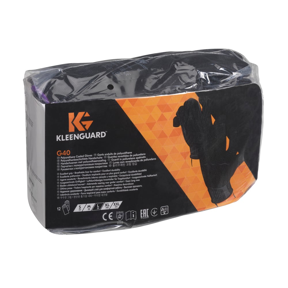 Eine versiegelte Verpackung von KleenGuard® G40 Polyurethanbeschichtete Handschuhe von Kimberly-Clark GmbH mit schwarzem Design, Produktdetails, Größenangaben, einer Handschuh-Illustration und Zertifizierungssymbolen auf der Vorderseite.