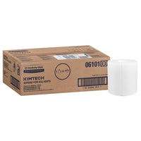 A brown cardboard box labeled "WypAll® Wettask™ PowerClean" by Kimberly-Clark GmbH stands next to a white roll. The box (6 rolls) contains 6 refill packs, each with 60 sheets—ideal for professional cleaning, and labeled with product information and barcodes.