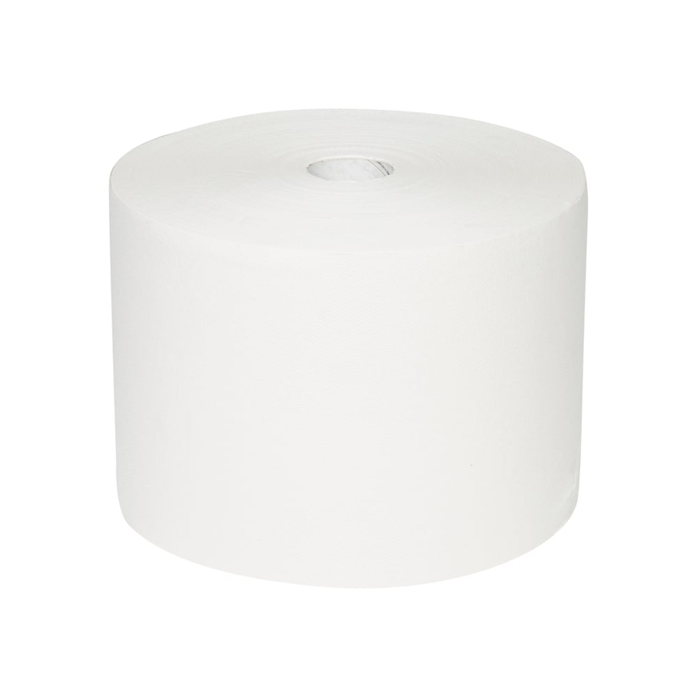 Das unbenutzte WypAll® L10 Papierwischtuch für Oberflächen (Großrolle, 38,00 cm x 23,50 cm) der Kimberly-Clark GmbH ist auf weißem Hintergrund abgebildet; zylindrisch mit hohlem Kern, perfekt für die gründliche Oberflächenreinigung.