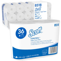 A package of Scott® Control™ toilet paper from Kimberly-Clark GmbH contains 6 packs, each with 6 white rolls of 350 sheets; the packaging highlights hygiene and displays product details.