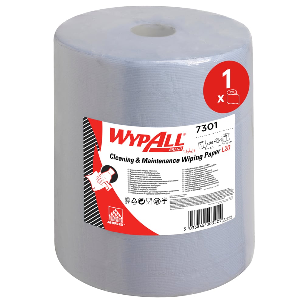 Das WypAll® L20 Papierwischtuch für Instandhaltungsarbeiten Großrolle von Kimberly-Clark GmbH in Blau (7301) bietet 500 extra breite Tücher für effiziente Reinigung, ideal für Industrieanwendungen. 1 Rolle pro Karton.