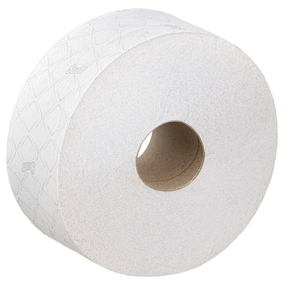 Eine große Rolle Scott® ESSENTIAL™ Jumbo Toilettenpapier der Kimberly-Clark GmbH in Weiß mit Rautenmuster und sichtbarem Kartonkern; die Packung enthält 6 Rollen mit je 1.053 Blatt.