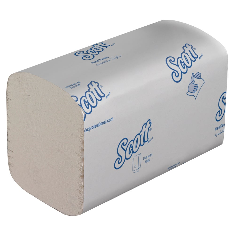Ein Stapel gefalteter Scott® Control™ Handtücher in weißen Packungen, beschriftet mit blauem Text und Symbolen zum Händetrocknen. Jeder Karton enthält 15 kleine Packungen (je 304 Blatt) von Kimberly-Clark GmbH.