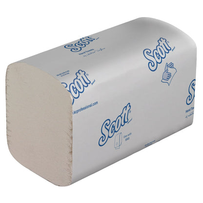 Ein Stapel gefalteter Scott® Control™ Handtücher in weißen Packungen, beschriftet mit blauem Text und Symbolen zum Händetrocknen. Jeder Karton enthält 15 kleine Packungen (je 304 Blatt) von Kimberly-Clark GmbH.