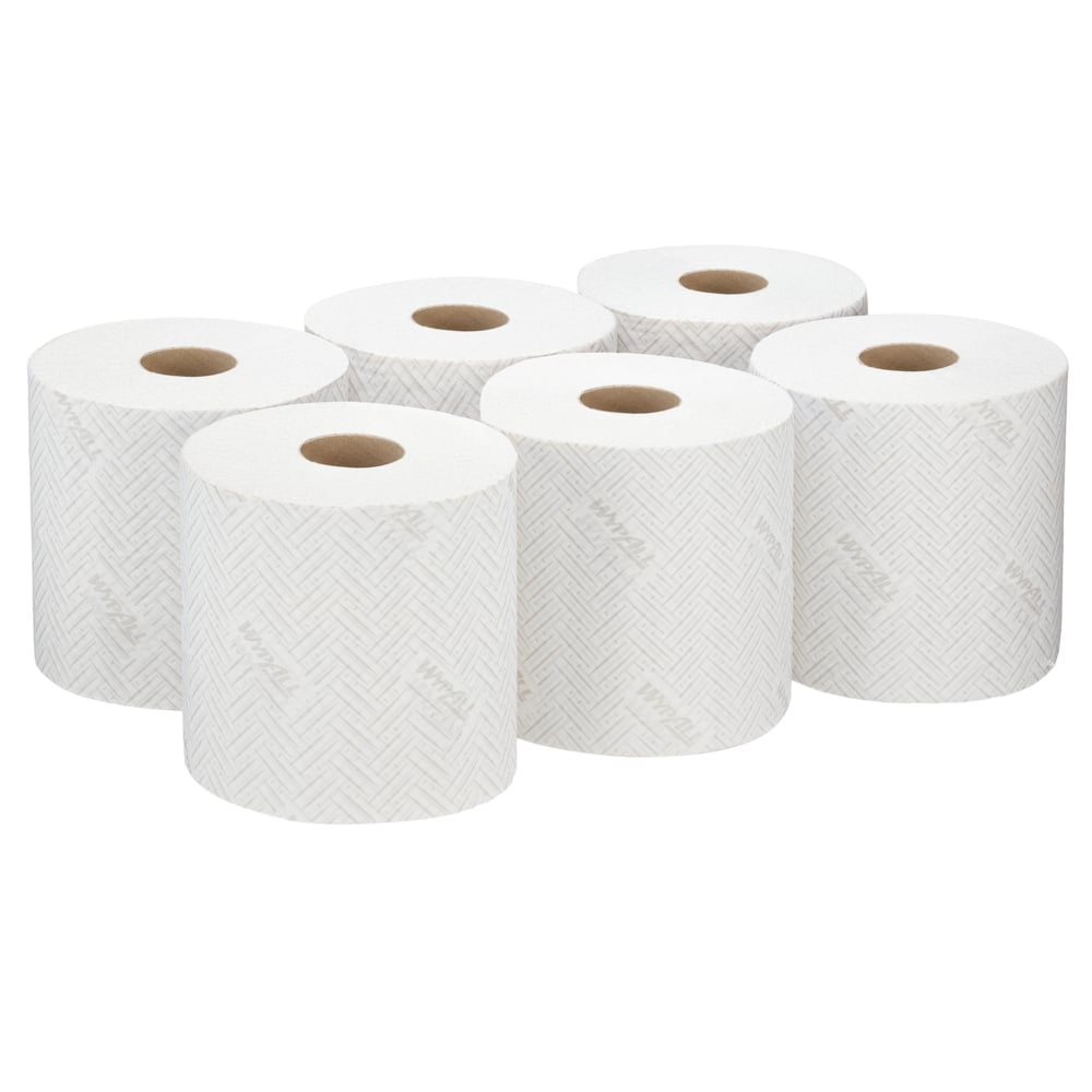 Sechs WypAll® L10 Papierwischtuch-Rollen von Kimberly-Clark GmbH (38,00 cm x 18,30 cm) sind in zwei Dreierreihen angeordnet, ideal für die Reinigung im Service & Einzelhandel oder als Papierwischtuch im Centrefeed-Spender.