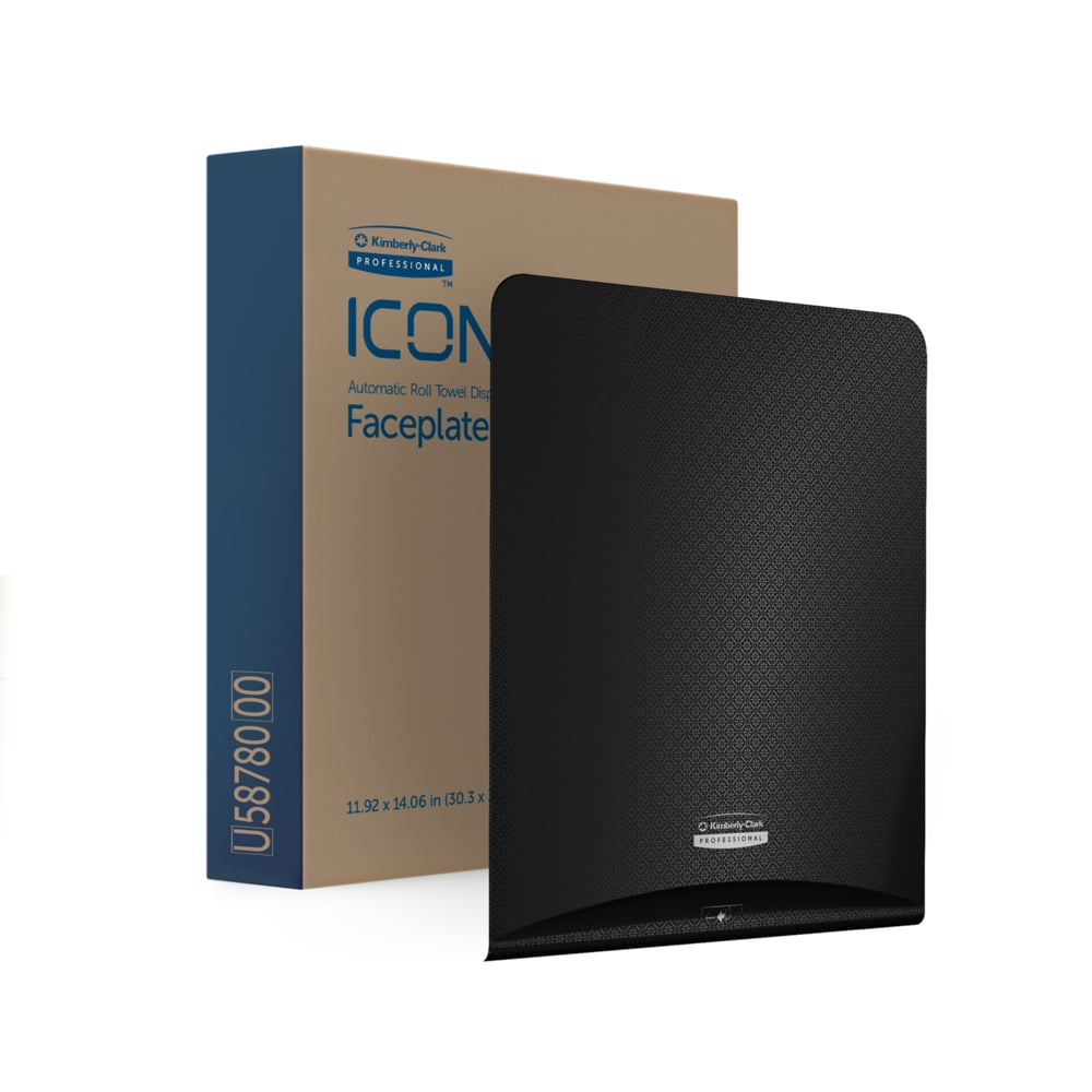Die Kimberly-Clark GmbH Professional™ Icon™ Dispenser Faceplate - eHRT (33,02 cm x 37,47 cm x 3,18 cm) wird mit ihrer Verpackung gezeigt - eine ideale Hygienelösung für moderne Waschräume.