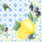 Aquarell-Illustration von Zitronen, Oliven und blau-weißen floralen geometrischen Fliesen auf Duni GmbH Klassikservietten 40 x 40 cm, 4-lagig, geprägt, 1/4 Falz.