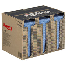 Die Kimberly-Clark GmbH WypAll® ForceMax Wischtücher, blau, viertelgefaltet (33,50 x 34,50 cm), kommen in einer Spenderbox mit 480 Tüchern und sind ideal für industrielle Reinigung; Karton zeigt Produktname und Nummer 75690.