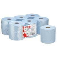 Six blue rolls of WypAll® L10 paper towels for food and hygiene by Kimberly-Clark GmbH (6 rolls x 800 sheets), five wrapped in clear plastic, one unwrapped at the front, shown against a white background.
