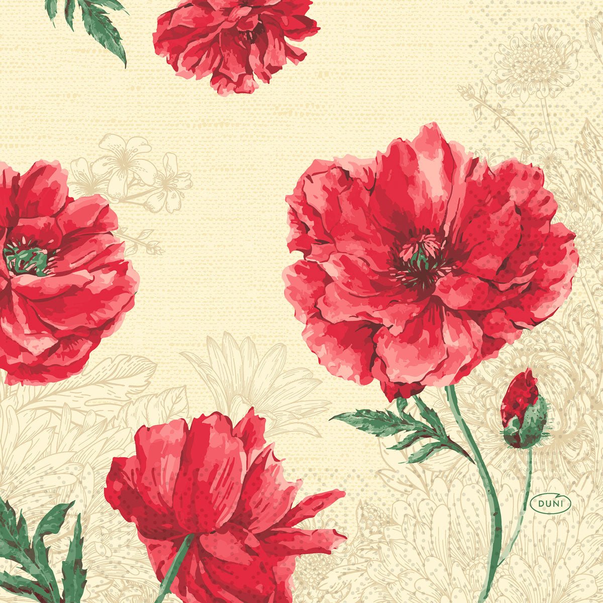 The Duni GmbH Zellt Napkins 33x33 cm, 3-ply, Monique Design feature large red peonies and green leaves on beige with floral linework. A pack of 250 napkins showcases brightly blooming flowers.