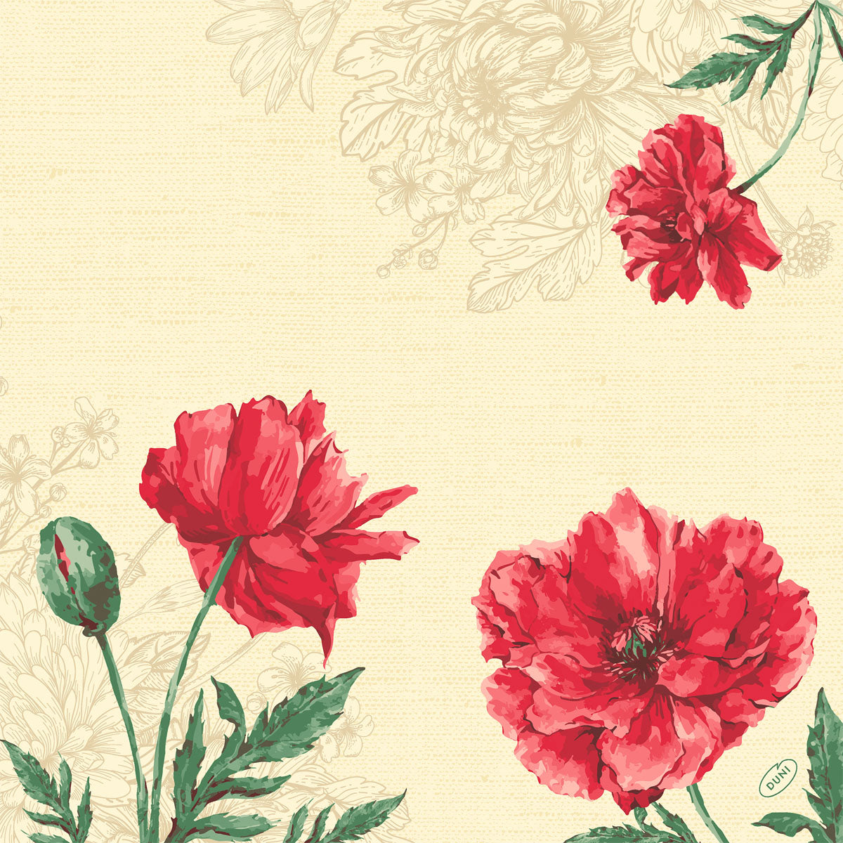 Illustration von drei roten Mohnblumen mit grünen Blättern und einer Knospe auf beige mit dezenten floralen Ecklinien-ideal für Duni GmbH Klassikservietten 40 x 40 cm 4-lagig, geprägt 1/4 Falz.