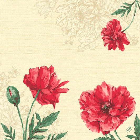 Illustration von drei roten Mohnblumen mit grünen Blättern und einer Knospe auf beige mit dezenten floralen Ecklinien-ideal für Duni GmbH Klassikservietten 40 x 40 cm 4-lagig, geprägt 1/4 Falz.