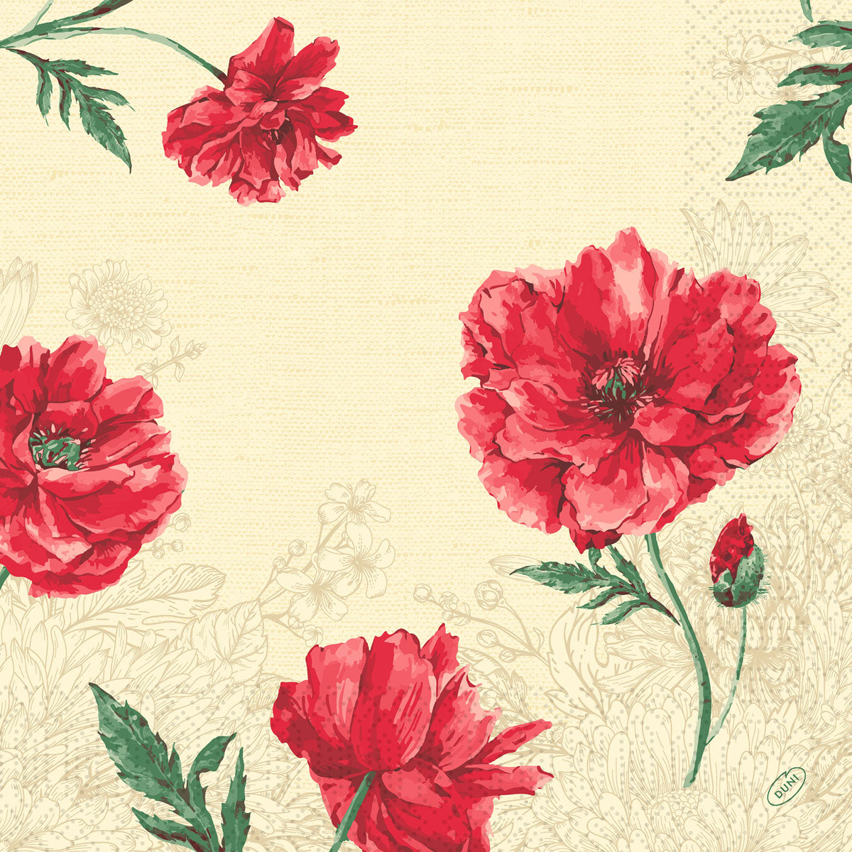 Vintage handgemaltes Monique Design: große rote Blumen mit grünen Blättern auf beigem, zartem Blumenhintergrund. Duni GmbH Zellt Servietten, 3-lagig, 40x40 cm, Packung mit 250 Stück.