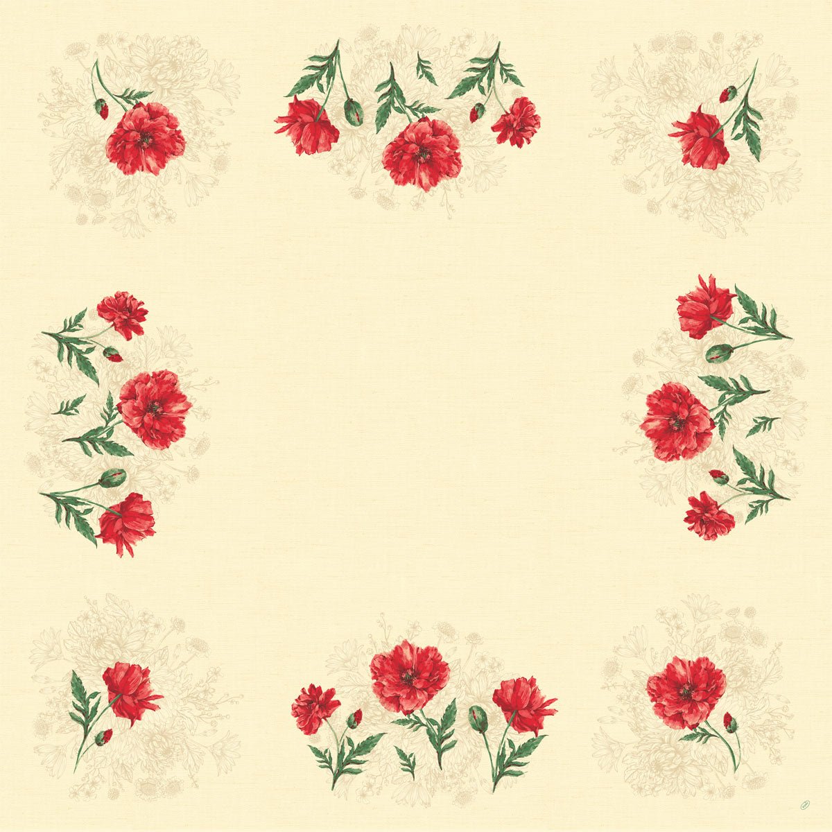 The Dunicel table cover 84x84 cm Monique by Duni GmbH has a beige background with red and pink carnations and green leaves, forming a soft, eco-friendly floral border along the edges, leaving the center empty. Package (20 pieces).