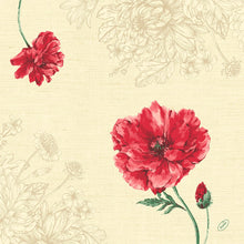 Die Dunisoft-Servietten 40 x 40 cm 1/4 Falz der Duni GmbH zeigen einen beigen Hintergrund mit skizzierten Blumen, zwei leuchtend roten Blüten und einer Knospe auf grünem Stiel - perfekt, um jedem gedeckten Tisch Eleganz zu verleihen.