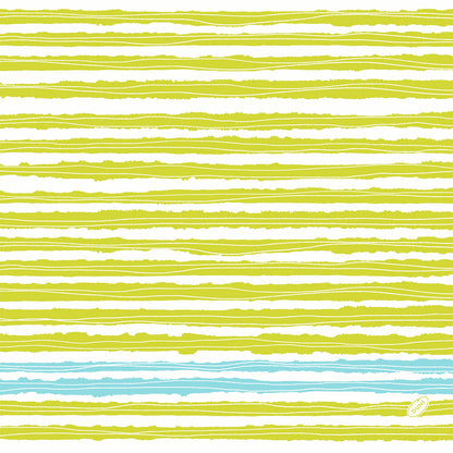 Ein Muster aus ungleichmäßigen gelb-grünen Linien auf Weiß mit blauen Akzenten und einem kleinen "Hallo"-Etikett - ideal für Dunisoft-Servietten 40 x 40 cm 1/4 Falz von Duni GmbH.