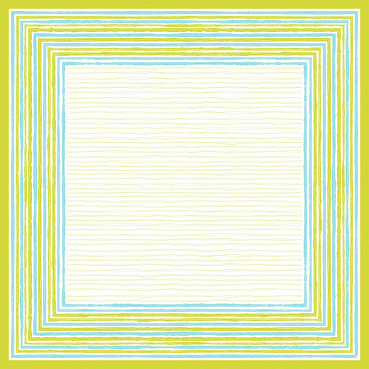 Die Dunicel Mitteldecke 84x84 cm Elise Stripes von Duni GmbH hat einen cremefarbenen Mittelpunkt, der von blauen, grünen und gelben Streifen im handgezeichneten Stil eingerahmt wird. Diese hochwertige Tischdecke (20er-Pack) bringt umweltfreundlichen Charme auf jeden gedeckten Tisch.