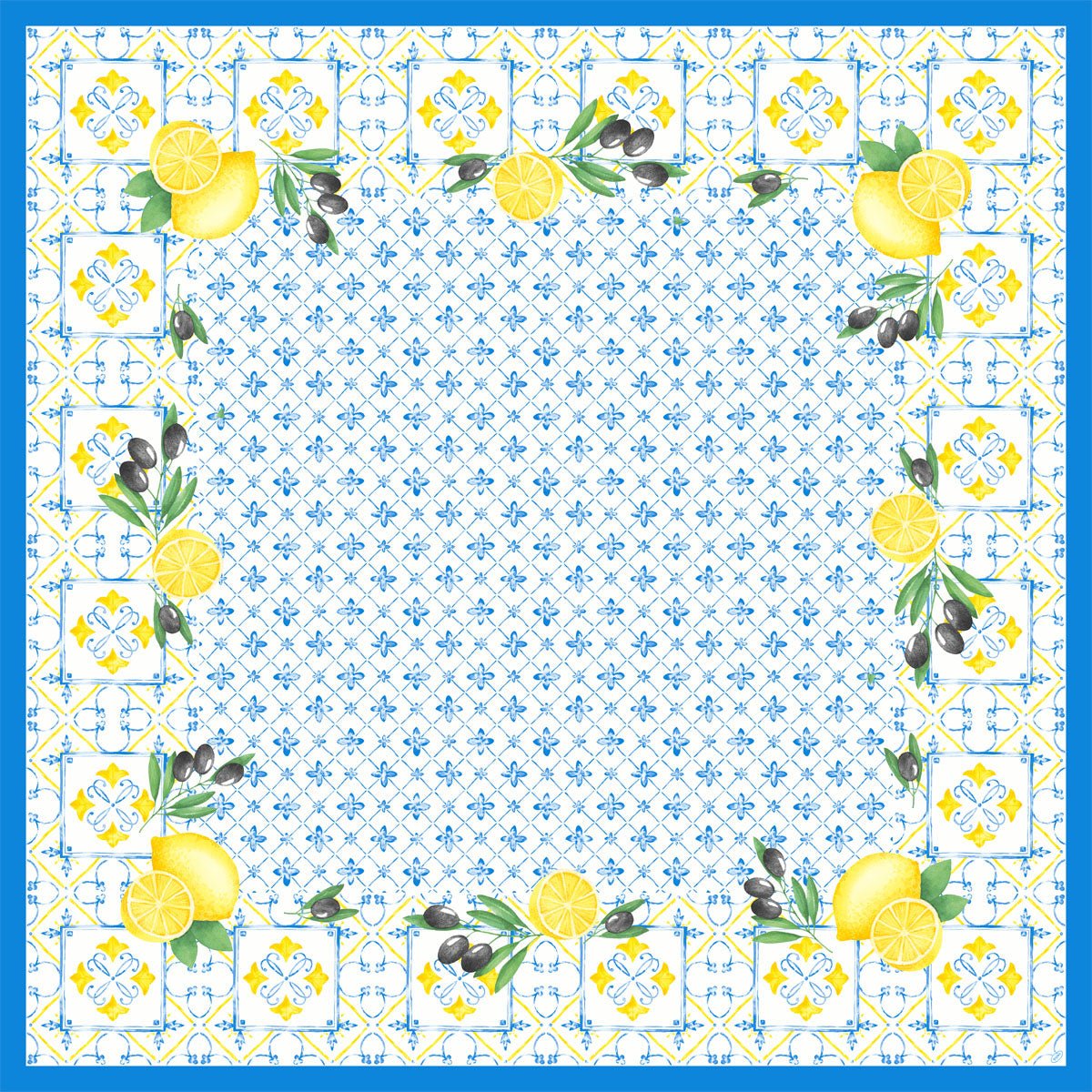 The Dunicel table cover 84x84 cm Mediterranean by Duni GmbH features a square, tile-inspired design with a blue border, lemons, olives, and green leaves in each corner, as well as a blue floral motif in the center. Perfect for a stylish table decoration. Pack (20 pieces).
