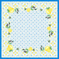 The Dunicel table cover 84x84 cm Mediterranean by Duni GmbH features a square, tile-inspired design with a blue border, lemons, olives, and green leaves in each corner, as well as a blue floral motif in the center. Perfect for a stylish table decoration. Pack (20 pieces).