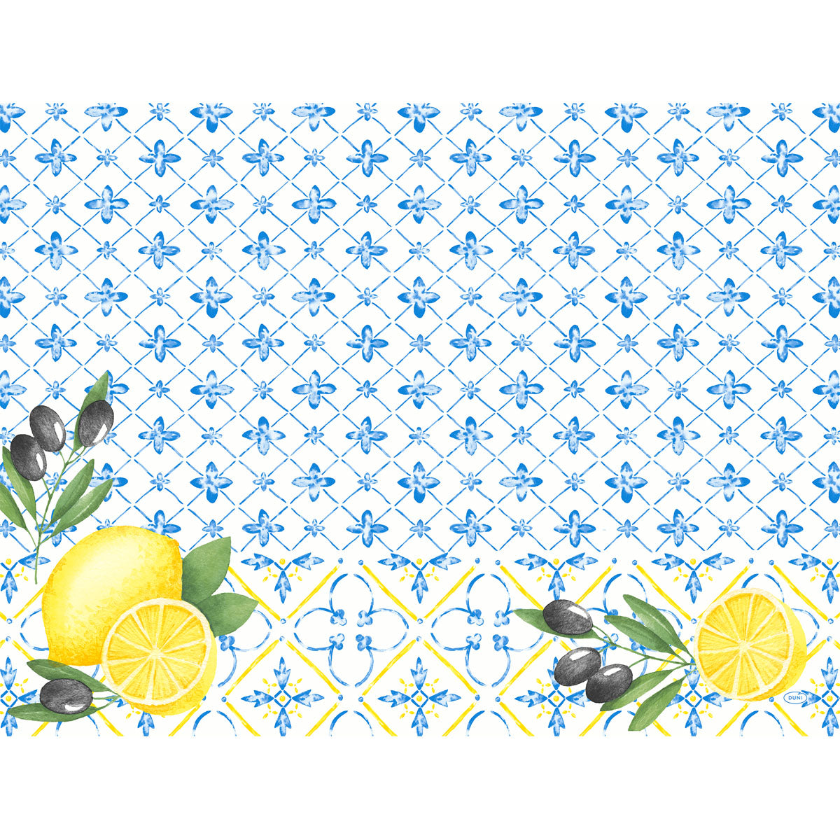 Duni GmbH Papier-Tischsets 30x40 cm: Weißer Hintergrund mit blauem Fliesenmuster, illustrierten schwarzen Oliven, Zweigen und Zitronenscheiben. Mediterranes Design mit gelben Akzenten, ideal für stilvolle Tischdekoration (250 Stück).