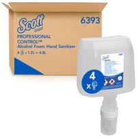A brown Kimberly-Clark can labeled "Scott® CONTROL Alcohol-Based Hand Sanitizing Foam" with a transparent 1.2-liter refill pack on the front, both featuring the blue number 4 and a reference to hygienic hand sanitization.
