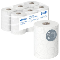 A box containing 6 Kleenex® Ultra™ Slimroll™ paper towels from Kimberly-Clark GmbH; each white roll is 100 meters long, ideal for narrow dispenser systems. One roll is shown separately on the label with a "6x" and a roll symbol.