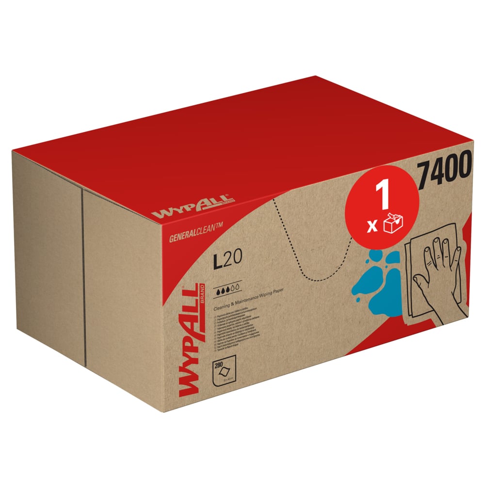 Eine blaue WypAll® L20 General Clean BRAG™ Box der Kimberly-Clark GmbH mit Branding und Symbolen zeigt, dass sie 280 Reinigungstücher für den allgemeinen und industriellen Gebrauch enthält. Auf der rechten Seite der Schachtel ist das Bild einer Hand abgebildet, die eine Oberfläche abwischt.