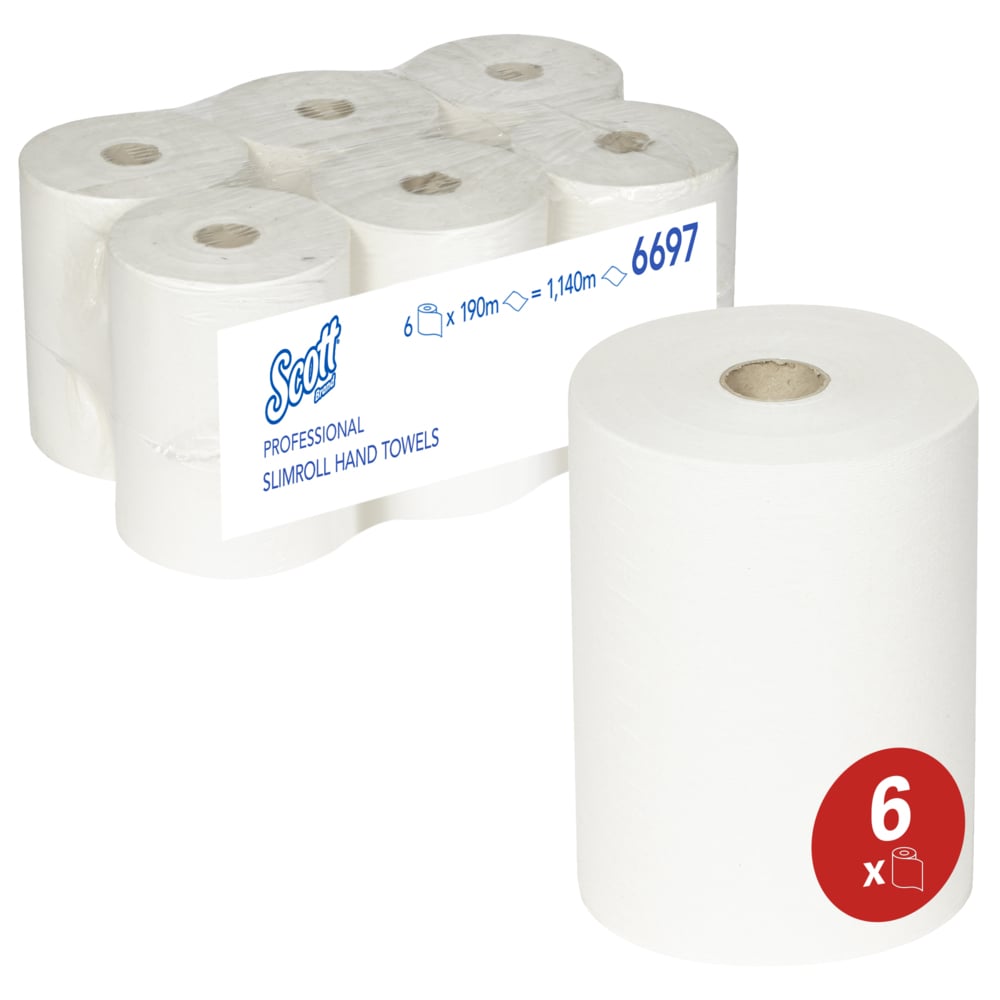 Six Scott® Slimroll™ towels from Kimberly-Clark GmbH are space-savingly packed in clear film. The absorbent towel with a 6-pack red symbol is visible - perfect for professional applications.