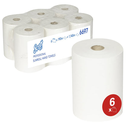 Six Scott® Slimroll™ towels from Kimberly-Clark GmbH are space-savingly packed in clear film. The absorbent towel with a 6-pack red symbol is visible - perfect for professional applications.