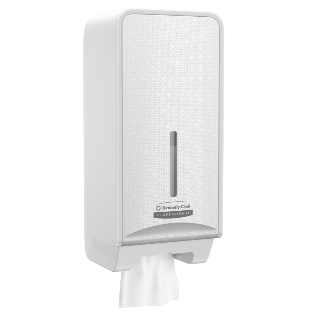 Der Kimberly-Clark Professional™ Icon™ Toilettenpapierspender (gefaltet, 32x14,5x13,8 cm) der Kimberly-Clark GmbH ist ein weißes Wandgerät mit gemusterter Front, vertikalem Sichtfenster und unterem Spenderschlitz für Waschräume.