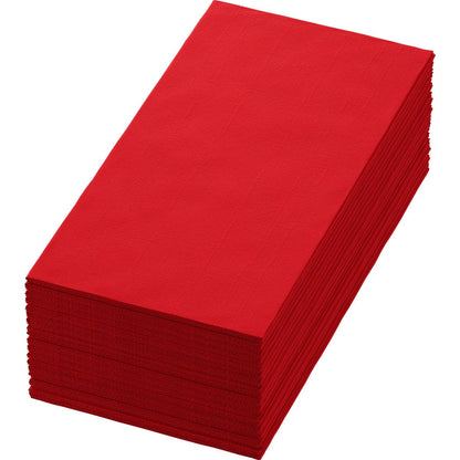 A stack of red Bio-Dunisoft napkins 40 x 40 cm 1/8 book fold by Duni GmbH is neatly aligned on a white background.
