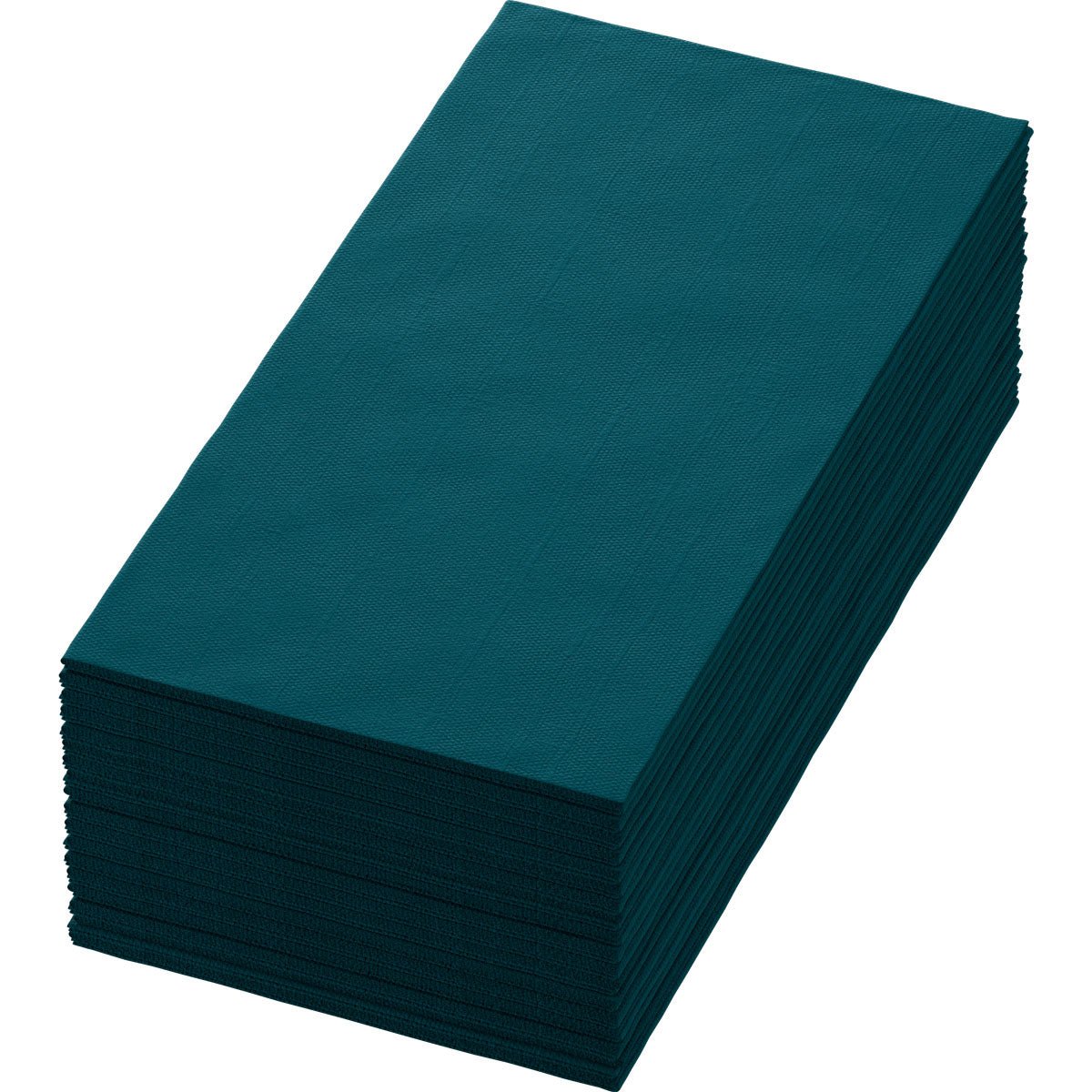 Depicted is a neatly stacked pile of rectangular Bio-Dunisoft napkins 40 x 40 cm 1/8 book fold by Duni GmbH against a white background. These eco-friendly paper napkins are dark green and evenly aligned.